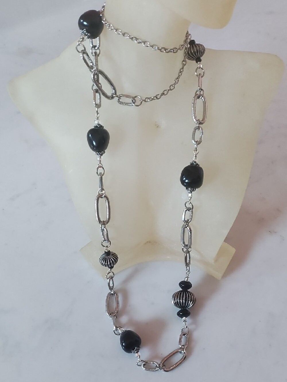 Elegant Black Bead and Silver Chain Long Necklace